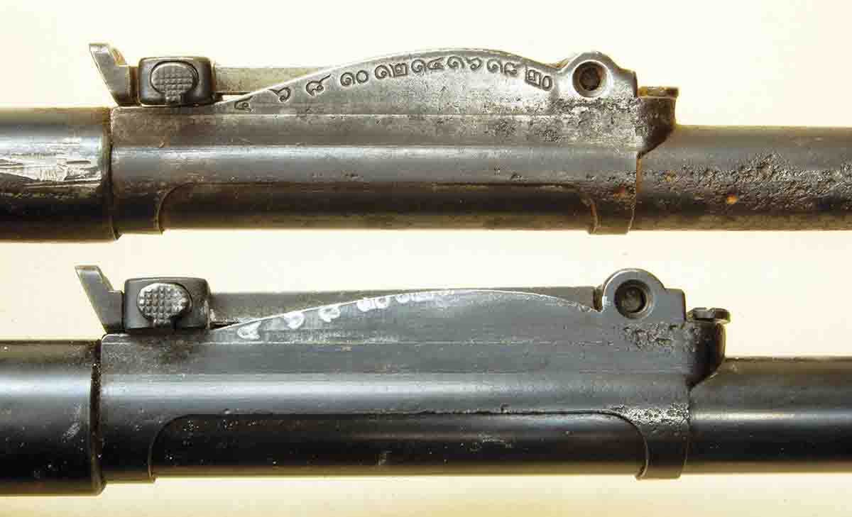 The original rear sight of the 8x50Rmm (Type 45) rifle (top). The milled down elevator ramp of the 8x52Rmm (Type 66) rifle (bottom) allows for its flatter trajectory.